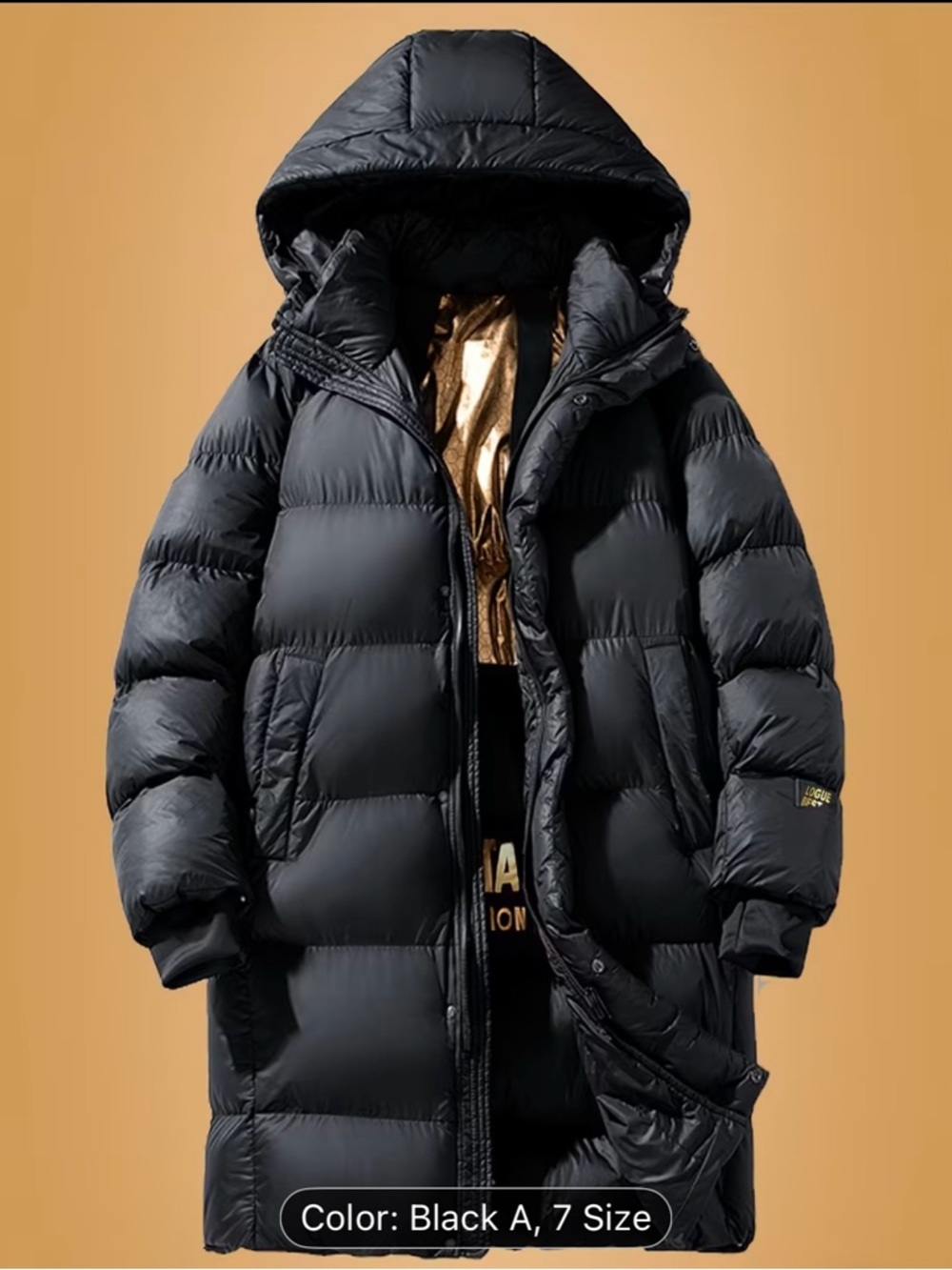 Men's Black Long Padded Jacket with Hood Fully Zip & Snap Winter Jacket Size XL